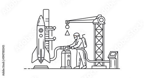 Technician in protective suit working on rocket fueling system at launchpad with crane isolated on white background
