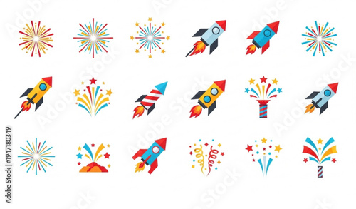 Fireworks and rocket celebration icon set with confetti star bursts and party streamers vector