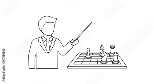 Businessman pointing at chessboard with strategy plan in formal suit isolated on white background
