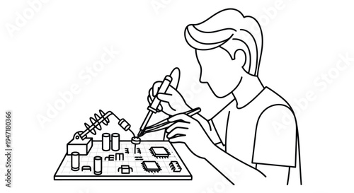 Man soldering electronic components on a circuit board in a minimalist flat illustration isolated on white background
