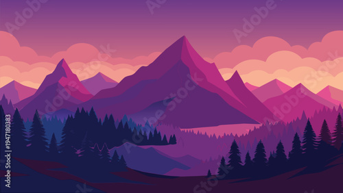 A serene digital illustration featuring a vibrant purple mountain range under a glowing sunset sky