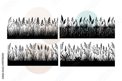 Vector set of fluffy reed grass and swamp stalks with diverse wild weeds. Marshland vegetation borders and lakeside flora elements for scenery. Black vector illustration design