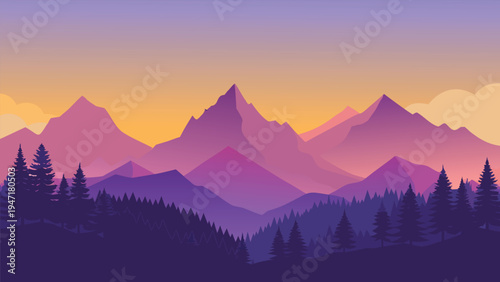 A serene flat vector illustration of majestic purple mountain peaks under a soft golden sunset sky