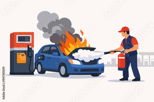 Gas Station Worker Extinguishing a Car Engine Fire with a Fire Extinguisher During Refueling, Emergency Situation at Petrol Pump, Safety Hazard Concept, Flat Vector Illustration of Burning Vehicle