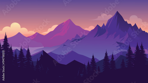 A serene digital illustration of majestic purple mountains at sunset with silhouetted pine trees