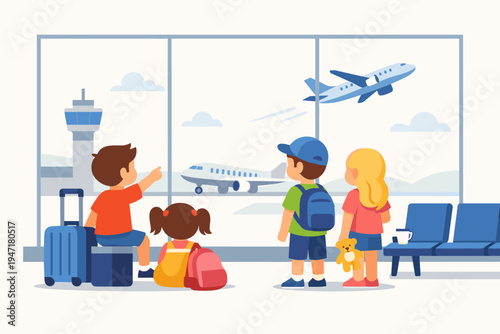 Little boys and girls with suitcases and backpacks watching airplanes take off and land through a large window at an airport terminal while waiting for their flight, flat vector illustration.
