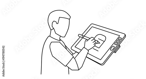 Man drawing on digital tablet with stylus in modern flat design style isolated on white background