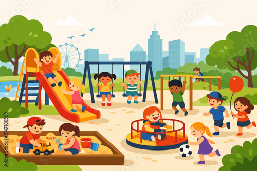 Happy children playing together at a colorful city park playground with a slide, swings, sandbox, and monkey bars. Outdoor summer activity for kids in an urban landscape vector illustration.