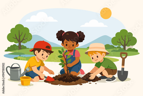Diverse group of children planting a young tree sapling together in a sunny park, flat vector illustration of kids gardening for environmental awareness, sustainability, and nature conservation.