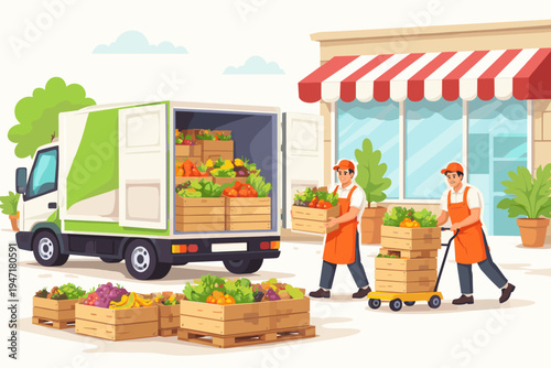 Fresh produce delivery truck unloading organic vegetables and fruits at a local supermarket with workers in orange uniforms carrying wooden crates for retail supply chain vector illustration.
