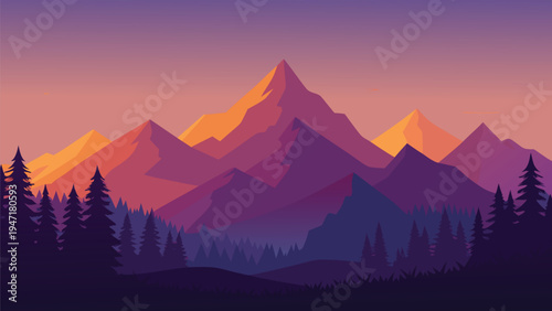 A serene vector illustration of majestic mountain peaks glowing during a beautiful purple sunset