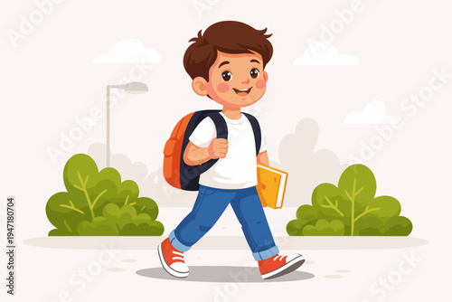 Happy Schoolboy Walking to School with Backpack and Book, Flat Vector Illustration of a Young Student Boy Going to Class, Back to School Concept, Cute Child Character in Casual Clothes Outdoors
