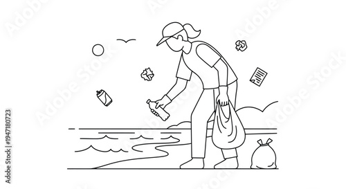 Person picking up trash on beach in one line drawing style isolated on white background