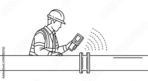 Construction worker using a device on a pipe with a flat vector isolated on white background