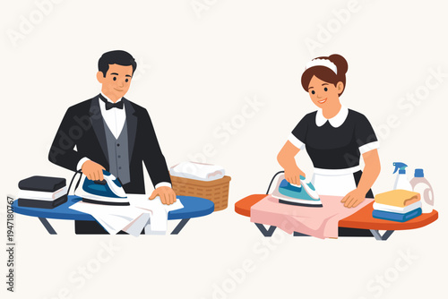 Butler and Housekeeper Ironing Clothes Flat Vector Illustration. Professional Domestic Staff in Uniform Doing Laundry Chores. Maid and Valet Pressing Shirts on Ironing Boards with Detergent.