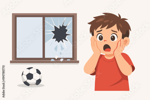 Shocked and terrified young boy looking guilty after accidentally breaking a window glass with a soccer ball, flat vector illustration of a childhood accident, mistake, and fear of punishment.
