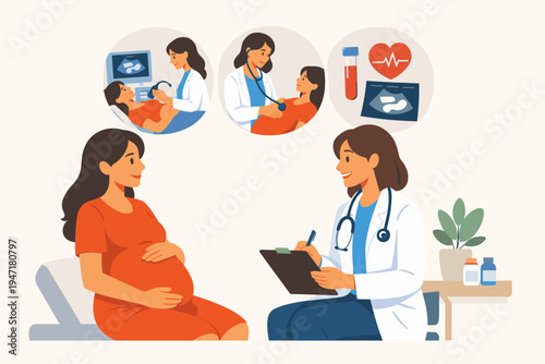 Pregnant woman consulting with a female doctor for prenatal care. Flat vector illustration featuring ultrasound scan, stethoscope examination, and medical tests for maternal health monitoring.