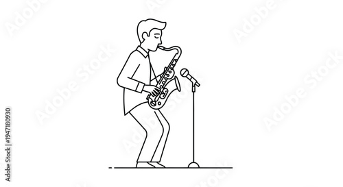 Man playing saxophone on stage with microphone flat illustration isolated on white background