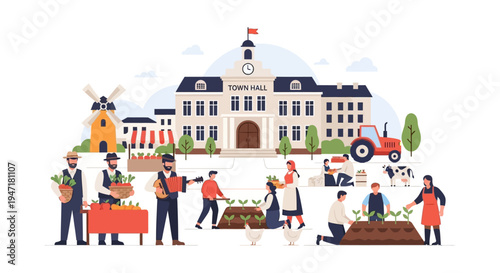Flat Vector Illustration of Rural Community Life: Farmers, Musicians, and Villagers Engaging in Agriculture, Local Market, and Commerce in Front of the Town Hall.