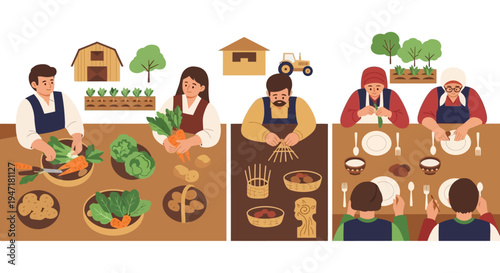 Farm to Table Journey: Flat Vector Illustration of Rural People Harvesting, Cooking, and Eating Organic Food