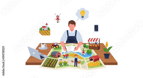 Smart Farming Planning. Farmer Architecting Agricultural Business Strategy on a Map, Utilizing Technology and Innovation for Sustainable Crop Management.