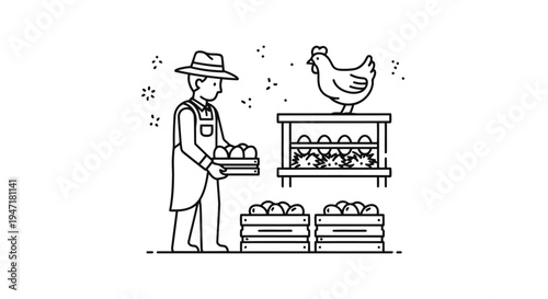 Man holding eggs next to chicken and egg crates in flat illustration isolated on white background
