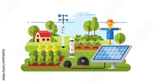 Precision Agriculture: Smart Farming IoT Field with Weather Sensors, Solar Panel, and Automated Systems. Flat Vector Illustration.