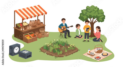 Isometric Illustration of Community Park Gathering: Farmers Market, Live Music, and Picnic Scene Representing Leisure and Local Commerce