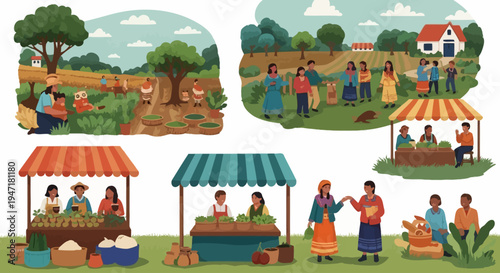 Rural Community Life Illustration: People Farming, Harvesting Crops, and Selling Produce at Local Farmers Market Stands. Sustainable Agriculture Concept.