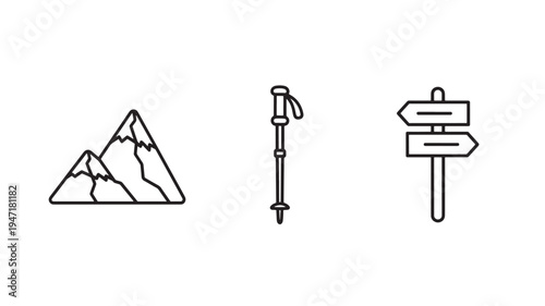 Hiking and Adventure Icons Vector with Mountains Trekking Pole and Directional Signpost