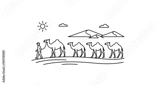 Man Walking with Camel Train in Desert Landscape Flat Design Illustration isolated on white background