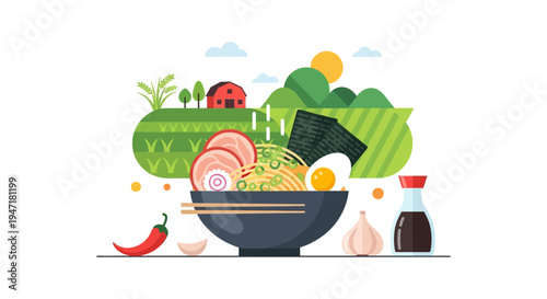 Delicious Ramen Bowl Vector Illustration with Fresh Ingredients Background – Japanese Noodle Soup Concept