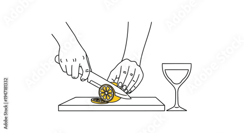 Hands cutting orange on cutting board with wine glass nearby flat illustration isolated on white background