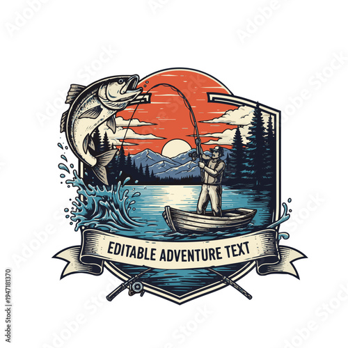 Man fishing in a serene lake with a giant fish jumping out of the water at sunset.