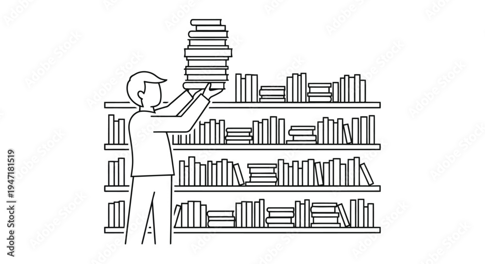 Obraz premium Man arranging books on a shelf in a library with a modern flat design isolated on white background