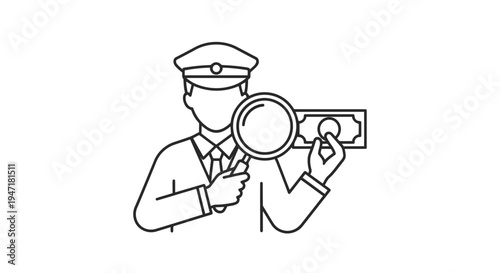 Man in uniform examining a banknote with a magnifying glass, line art style isolated on white background