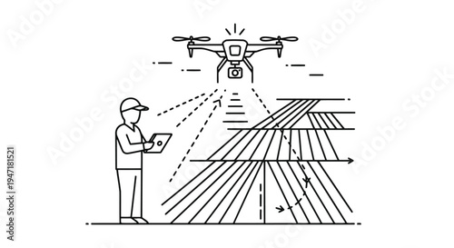 Man operating drone with tablet in field for aerial survey and monitoring in flat vector style isolated on white background