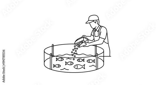 Man feeding fish in a round tank with clean lines and flat colors isolated on white background