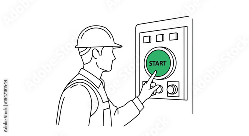 Man in hard hat pressing green start button on control panel, industrial setting, line drawing style isolated on white background