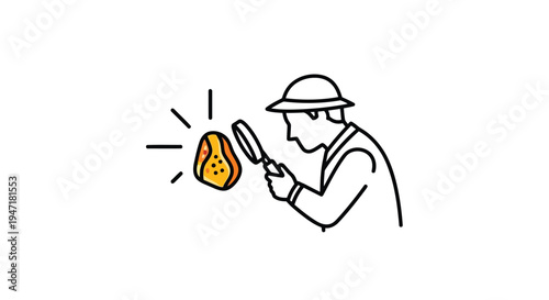 Man in pith helmet examines rock with magnifying glass in flat line art style isolated on white background