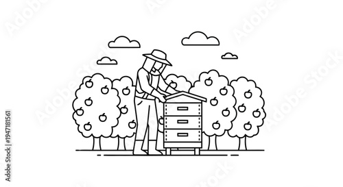 Beekeeper inspecting beehive in orchard with trees and clouds flat illustration isolated on white background