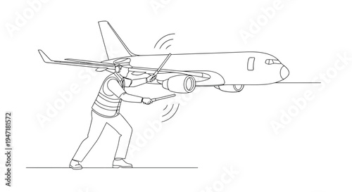 Man pushing airplane with one hand in continuous line art style isolated on white background
