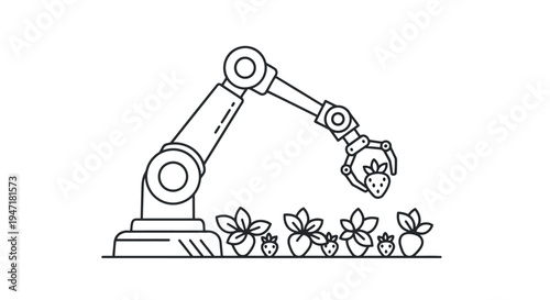 Robotic arm picking strawberry from plants in a modern flat illustration isolated on white background