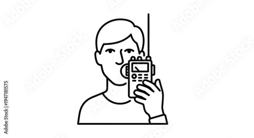 Man holding walkie-talkie in flat line art style isolated on white background