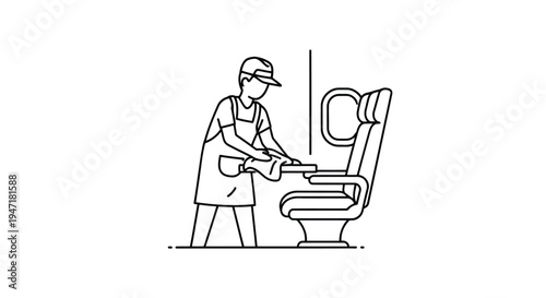 Man cleaning airplane seat with cloth in cabin interior flat design isolated on white background