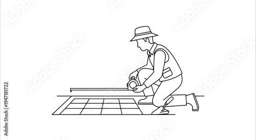 Man kneeling on one knee applying tiles on floor with trowel flat illustration isolated on white background