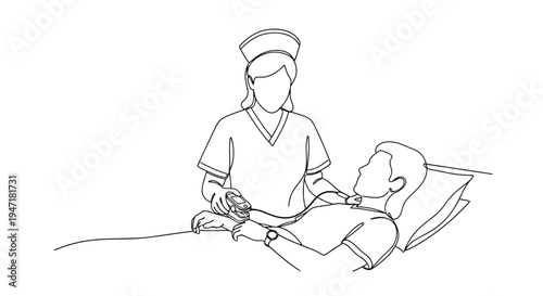Nurse taking care of a patient in a hospital bed with line art style isolated on white background