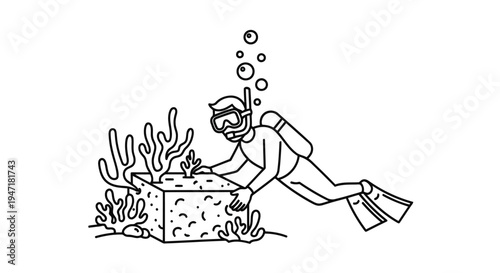 Scuba diver exploring ocean floor with coral reef and seaweed isolated on white background