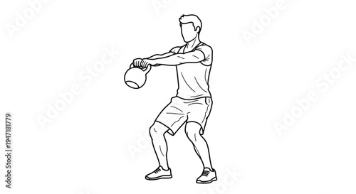 Man performing kettlebell swing exercise in athletic wear isolated on white background