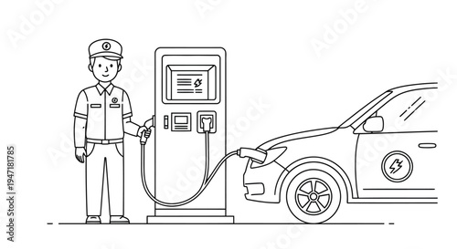 Electric car being charged by attendant at station, flat line drawing isolated on white background